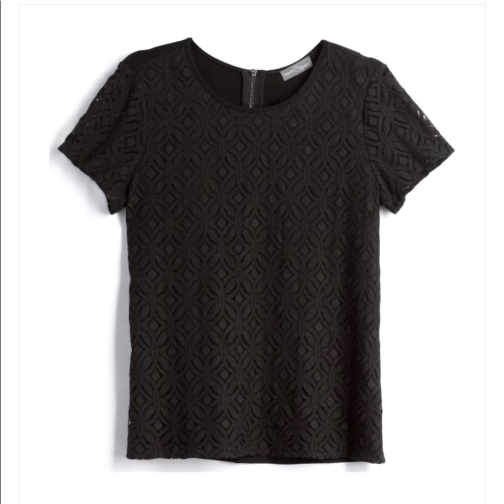 Black, Crocheted Front, Short Sleeve Blouse, shirt